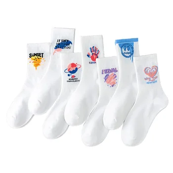 3/5 parova/lot, Muške Pamučne bijele Čarape srednje dužine sa slovima i geometrijskim crtežima, Prozračna Košarkaške Čarape, par studentskih Sportskih čarapa