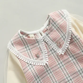 Modna odjeća za djevojčice od 1 do 5 godina, jesensko-zimsko Checkered haljini dugih rukava i okruglim ovratnikom, Haljina midi + torba-instant poruke u obliku cvijeta, Kit