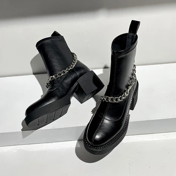 Ženske čizme 2022 godine Nove Ženske Kratke čizme na debelom petu cipele s debelim potplatima, Crnci Viteški čizme s kratkom cijevi na lancu, tanke Ženske čizme, Cool