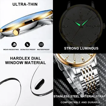 Luksuzne Marke Poslovne Mens Ultra Tanke Vodootporne Sjajni Automatski Datum Tjedan Muški Sat Od Nehrđajućeg Čelika Kvarc Mens Watch