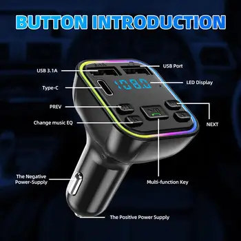 Auto Bluetooth 5,0 FM predajnik PD Type-C, Dvostruko USB 3.1 A, Brzi Punjač, Šarene Difuzno Svjetlo, Hands-free, MP3 Modulator, Player