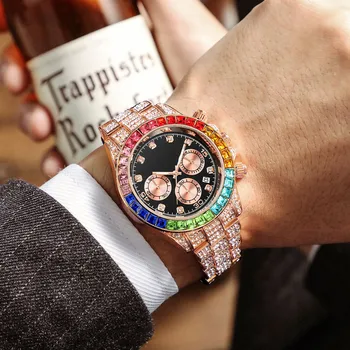 Kvarcni Sat PINTIME Muške Luksuzne Dijamant Hip-Hop Šarene Oštrica Ledeni Out Rose Gold Ručni Sat Gospodo zegarek meski montre