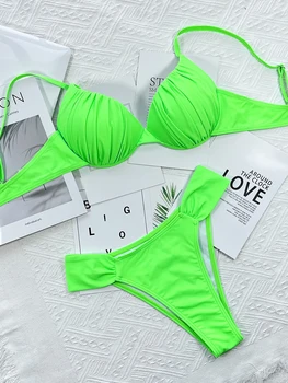 2022 Novi Seksi Push-Up Bikini Nabrane Kupaći Kostimi Ženski Kupaći Kostimi Ženski Fluorescentno Zeleni Kit Bikini Kupaći Kostim Ljeto Plaža Odijevanje