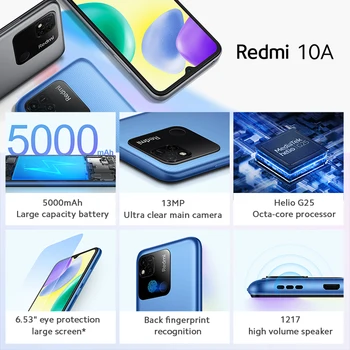 Globalna ugrađena memorija Xiaomi Redmi 10A Smartphone 5000 mah 6,53 MTK Helio G25 Восьмиядерный 13 Mp Kamera