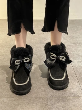 Ženske cipele, Čizme, zimske 2021, Novi topli baršun cipele s debljim dnom i blistavim dijamantima, crno-bijele zimske cipele u kavez