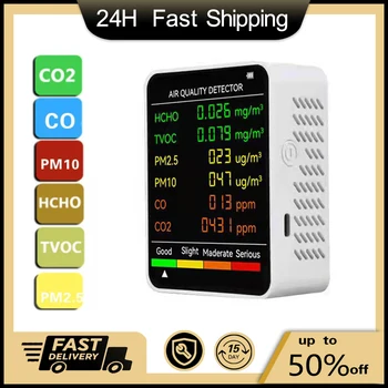 6 u 1 CO2 Tester Detektor kvalitete zraka PM2.5 PM10 HCHO TVOC CO CO2 Formaldehid Monitor LCD zaslon Home Tester kvalitete zraka