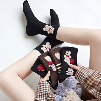 Korejski Čarape S Medvjedom, Ženske Crne Duge Čarape, Кавайные Prugasta Zabavne Čarape sa Srca, Proljeće-Jesen Pamučne Čarape Gyaru, Sretne Čarape, Ženske