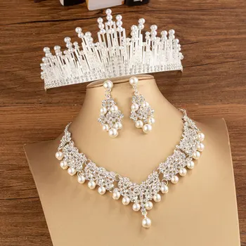 KMVEXO Crystal Biseri Setovi Svadbeni Nakit Vjenčanje Kubni Cirkon Crown Tiaras Naušnice Ogrlica Ogrlica Set Afričke Perle Komplet Nakita