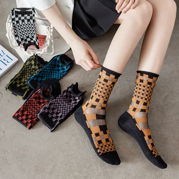 Nova kartica svilene, ženske čarape klasicni šahovskoj ploči moda individualnost trend prozračna staklene svilene čarape-cijev