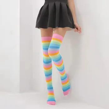 1 par Novih Trendi Čarape iznad koljena u traku za djevojčice, Svakodnevne Ženske Obojene Pamučne Čarape s Blistava po cijeloj površini, Slatka Čarape Plus Veličine