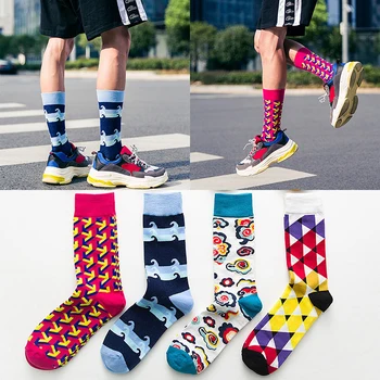 Najbolje muške čarape u britanskom stilu geometrijskog kontrastne boje, trend ulične pamučne čarape srednje dužine, muške čarape velikih dimenzija