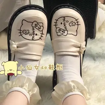 Kawaii Hellokitty/Kožne cipele s likovima iz Crtića Za japanski studenti, Cipele ravnim Cipelama s Okruglim vrhom, udoban univerzalne Kožne Cipele za Djevojčice u stilu Лолиты