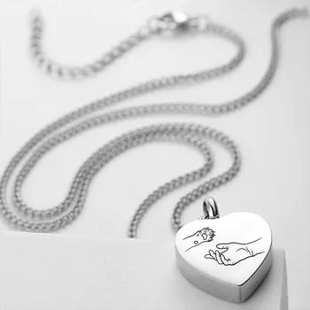 Ogrlica-Jedinica za kremiranje u obliku srca od nehrđajućeg čelika sa ugraviranim likom - Držeći se za ruke s kućnim ljubimcima - Spomen privjesak za praha - Alat za punjenje