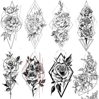 Ukusan Geometrijski Cvijet Privremeni Tattoo Naljepnice Za Za Žene Odrasle Diamond Rose Tetovaže Sredstva Za Njegu Kože Umjetnost Knjige Arm Pre Lažnih Tetovaža Cvijet Šminka