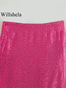 Willshela Ženska Moda Monotono Suknja midi sa Šljokicama, Prorezom Sprijeda, bočni Zatvarač Vintage Suknja s Visokim Strukom, Šik ženske Suknje