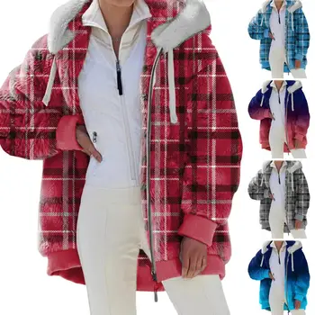 Trendi Ženski Zimski Toplo Krzno Kaput, Ženski Kariranih Pliš jakne s kapuljačom i Džep na zip, Debela Odjeća
