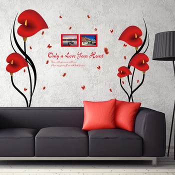 DIY Romantični Crvena Anthurium Cvijeće Leptir Naljepnice Za Zid Okvir Citat Home Dekor Izmjenjivi Vinil PVC Spavaća soba Deco Naljepnice