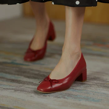 2022 godine, ženske cipele od prave kože, modni proljeće-jesen cipele-brod s vršnjacima-leptir, casual cipele bez spajala na masivnim petu, Veličina 34-40