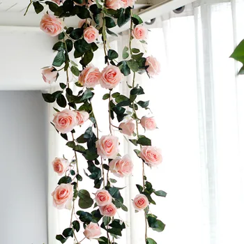 180 cm Umjetne Ruže Cvijet Vinova Loza Vjenčanje Ukrasne Prave Svile Cvijeće Sa Zelenim Lišćem za Dom Rotirajući Гирлянда Dekor