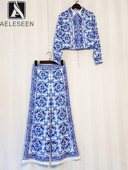 AELESEEN, Proljeće-jesen Trendi Ženski Komplet Hlače, Košulja, po cijeloj površini Porcelian + hlače Spaljene u cijeloj Dužini, Elegantan plave Svečane Odijelo s cvjetnim Uzorkom