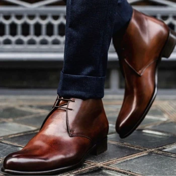 Muške Čizme Smeđe Crne Plave Moto Čizme čipka-up Business Cipele od Umjetne Kože Ručne izrade za Muškarce sa