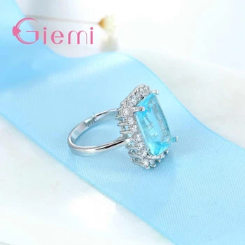 Najbolje Čvrste Srebrne Marke Nakit Sjajni Nebo-Plave Boje sa Dekoracijom u obliku Kristala Suqare Jednostavan Prsten za Женщи